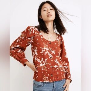 Madewell Corduroy Shirred-Sleeve Button-Front Top in Farmstand Bouquet